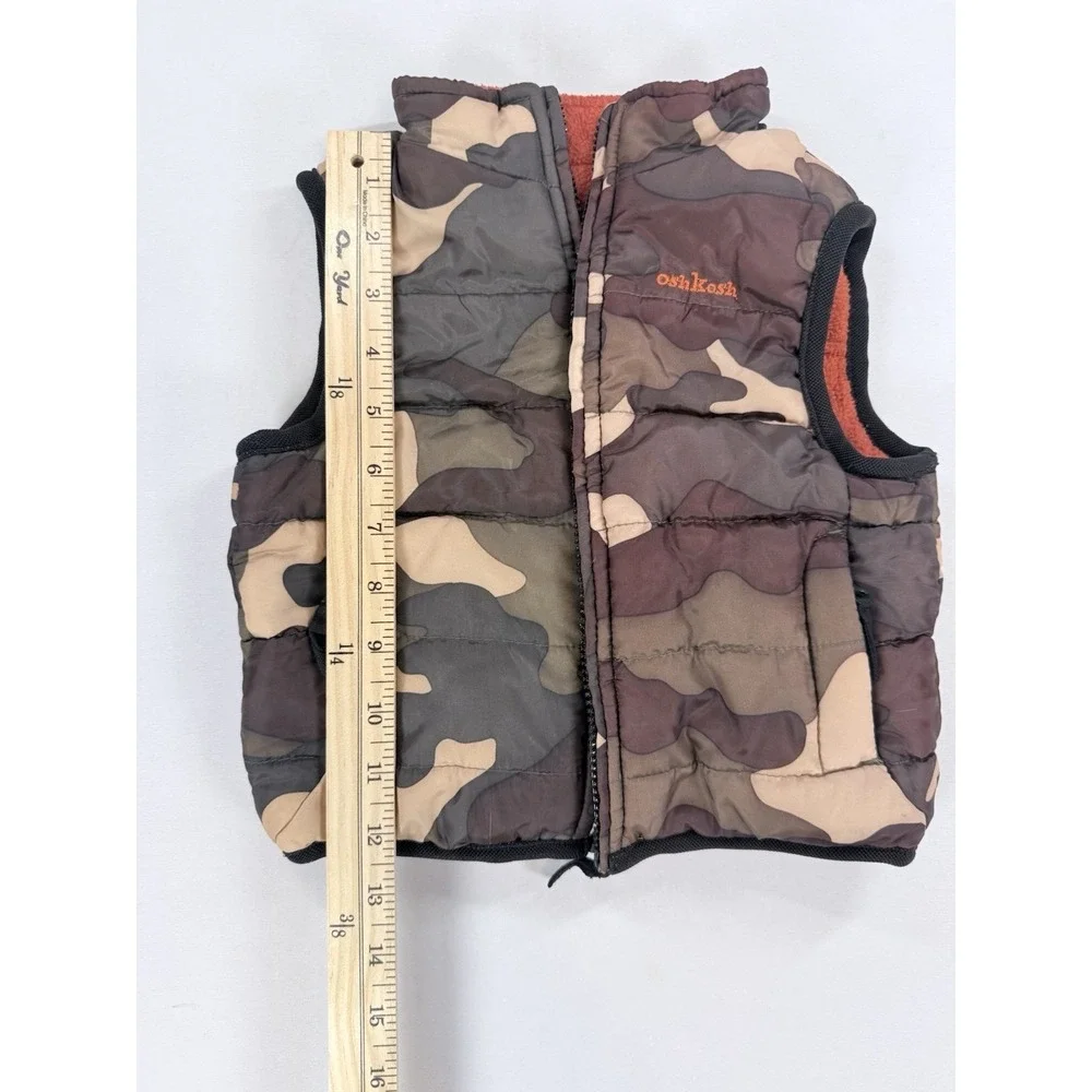 OshKosh Baby Boys Camo Puffer Vest 12-18M Orange Fleece Lined Full Zip